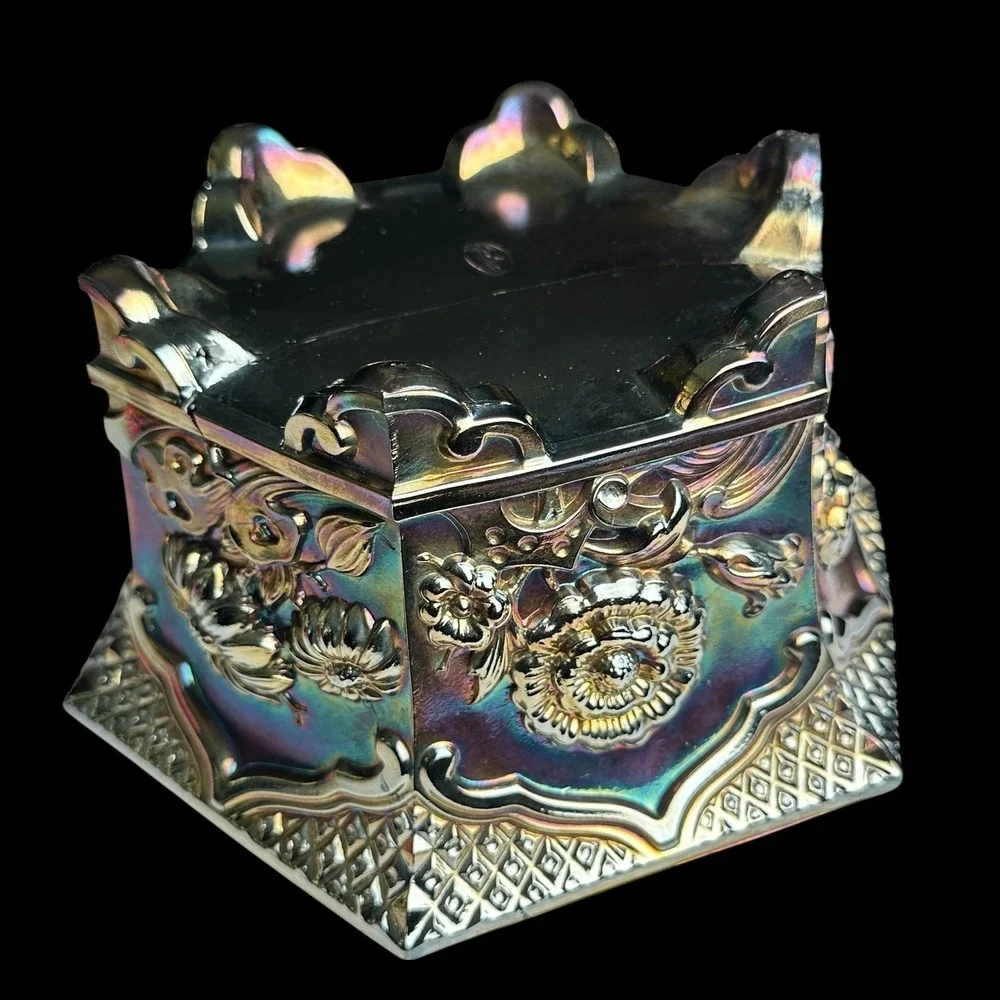 Fenton Carnival Glass Planter Hexagon Silver Iridescent Floral Bowl 7.5in Repair